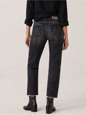 Faith Connexion Vintage Black Raw Hem Jeans Size 28 Fleur De Lis Pockets